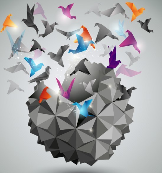 3D Paper Cranes Vector Illustration 01