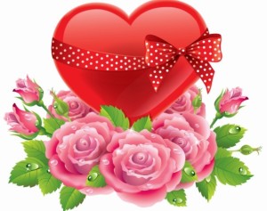 Florals and Red Heart with Ribbon Vector