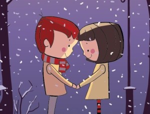 Cartoon Young Lovers Standing In the Snow