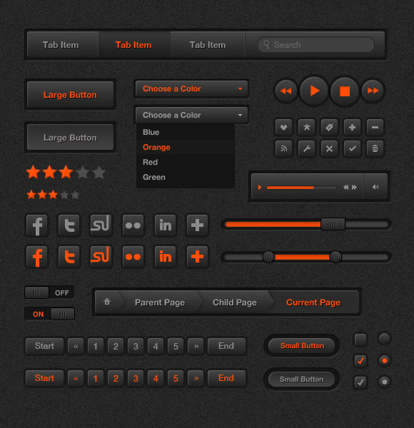 High Quality Dark and Orange Web UI Kit PSD