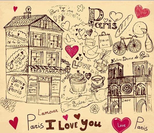 Set of Hand Drawn Romance in Paris Elements Vector 02