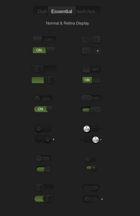 Set of Dark Essential PSD Switches (Retina Ready)