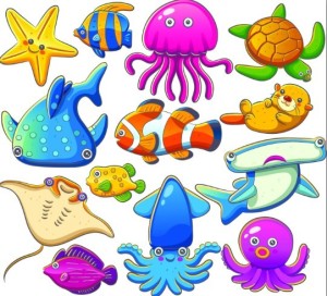 Cute Cartoon Marine Life Animals Vector Illustration 01