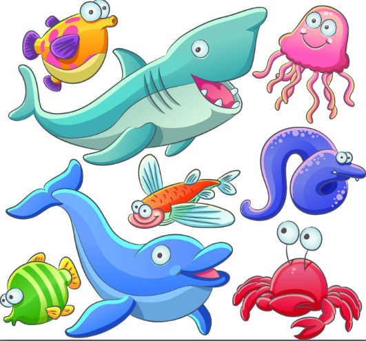 Cute Cartoon Marine Life Animals Vector Illustration 05