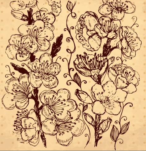 Vintage Dark Hand Drawn Vector Flowers 02