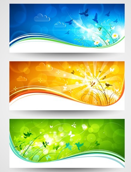 Vector Bright Spring Banners with Wavy Curves And Sunshine Background 02