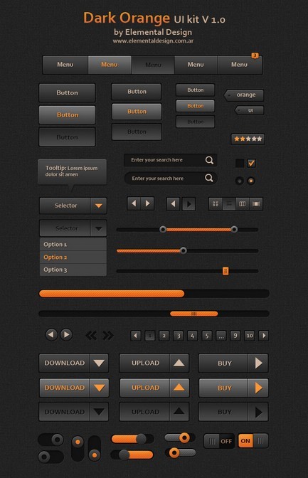 Sleek Dark Orange Web UI Kit PSD