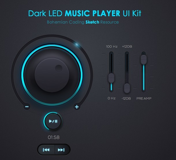 Dark LED Music Player UI Kit PSD