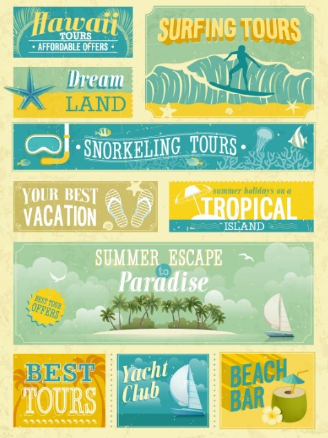 Vintage Hawaii Tours Labels and Banner Vector