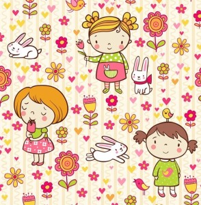 Lovely Cartoon Girls and Flowers Vector Illustration