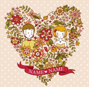 Lovely Cartoon Lovers and Floral Heart Vector Illustration