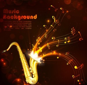 Golden Music Background with Musical Notes and Saxophone Vector