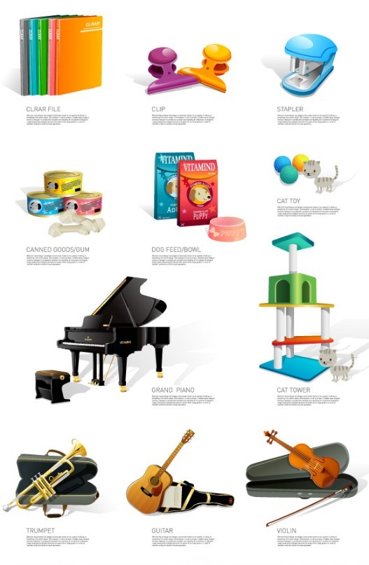 Set Of Musical Instrument and Office Supplies Icons Vector