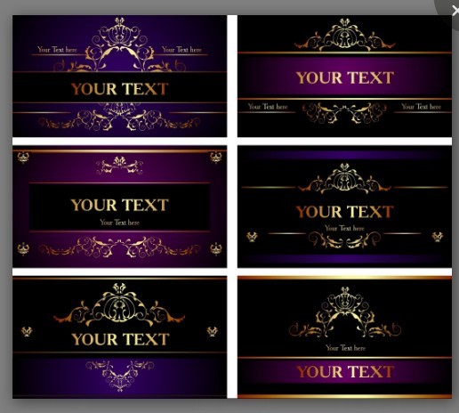 Set Of Vector Purple Cards with Golden Floral Ornaments