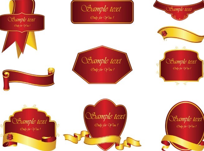 Set Of Vector Red Labels with Golden Ribbons