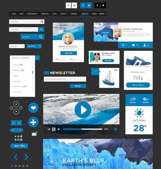 Blue and Dark Flat UI Elements PSD