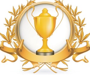 Golden Emblem with Ribbon and Trophy Cup Vector 01