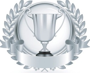 Silver Emblem with Ribbon and Trophy Cup Vector