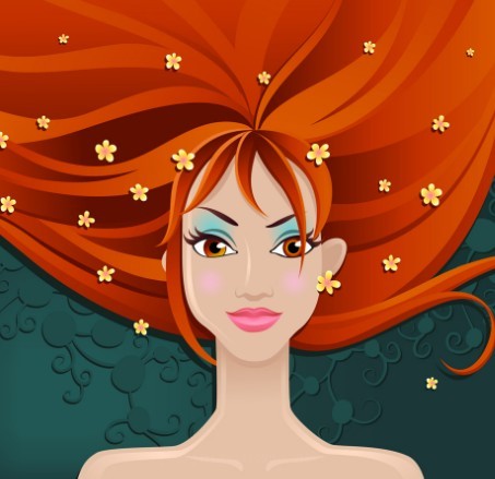 Vector Illustration Of Beautiful Girl With Red Long Hair