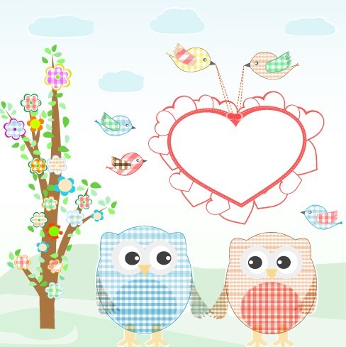 Vector Illustration Of Cute Owls with Hearts 01