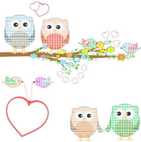 Vector Illustration Of Cute Owls with Hearts 03