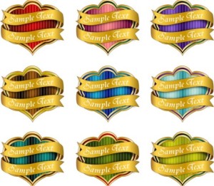 Collection Of Vector Heart-Shaped Stickers with Golden Ribbons