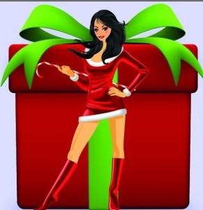 Set of Sexy Santa Girls and Red Gift Boxes Vector 01