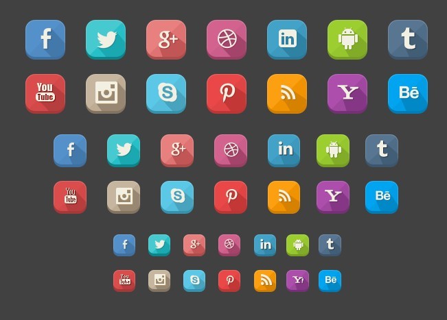 14 Flat Rounded Social Icons With Long Shadows PSD