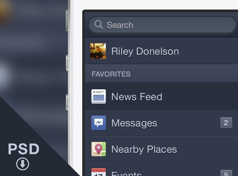 Dark Facebook Menu For iOS PSD