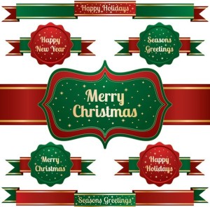 Set Of Green & Red Christmas Ribbons and Badges Vector 02