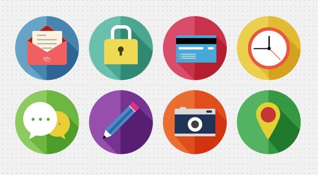 8 Round Flat Icons with Long Shadows PSD