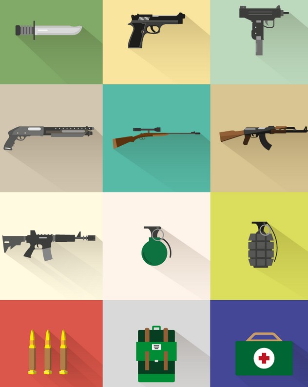 Flat Long Shadow Weapons Icon Set Vector