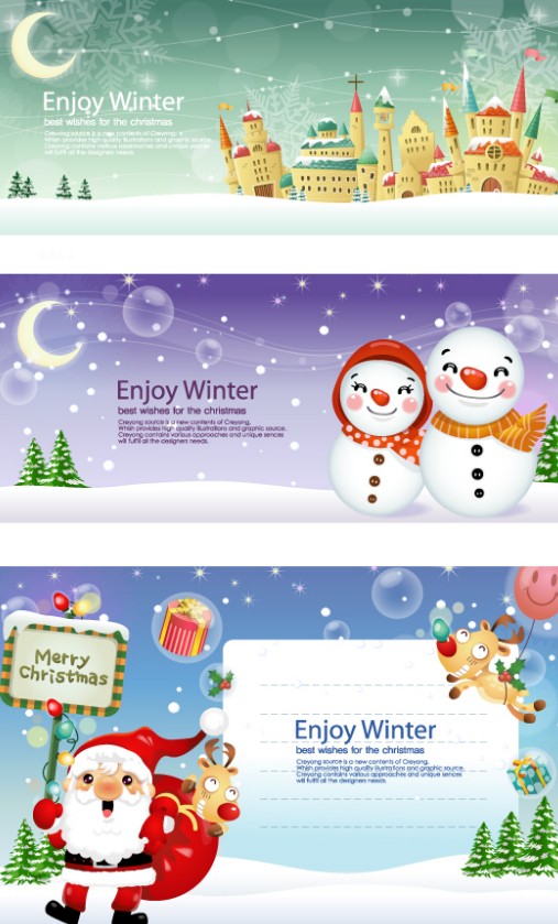 Set Of Cartoon Merry Christmas Header Designs