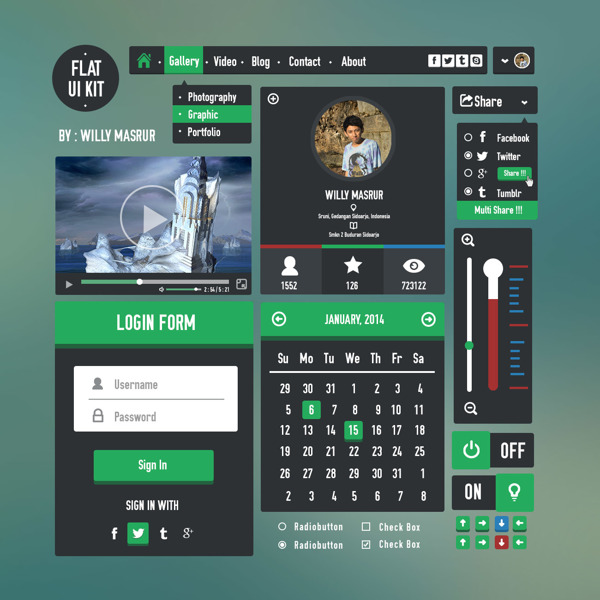 Dark and Green Flat UI Kit PSD