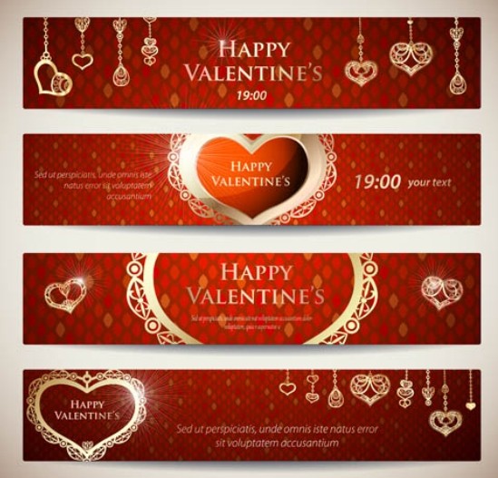 4 Red Valentine's Day Banners with Love Heart Backgrounds Vector