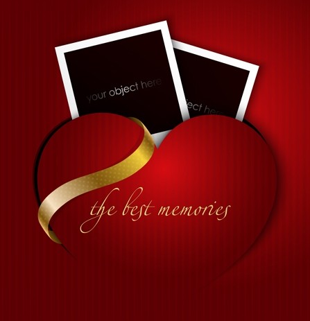 Red Love Heart With Photo Frames and Gold Ribbon Vector