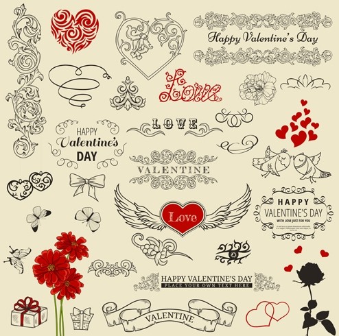 Set Of Vector Retro Valentine's Day Decorations