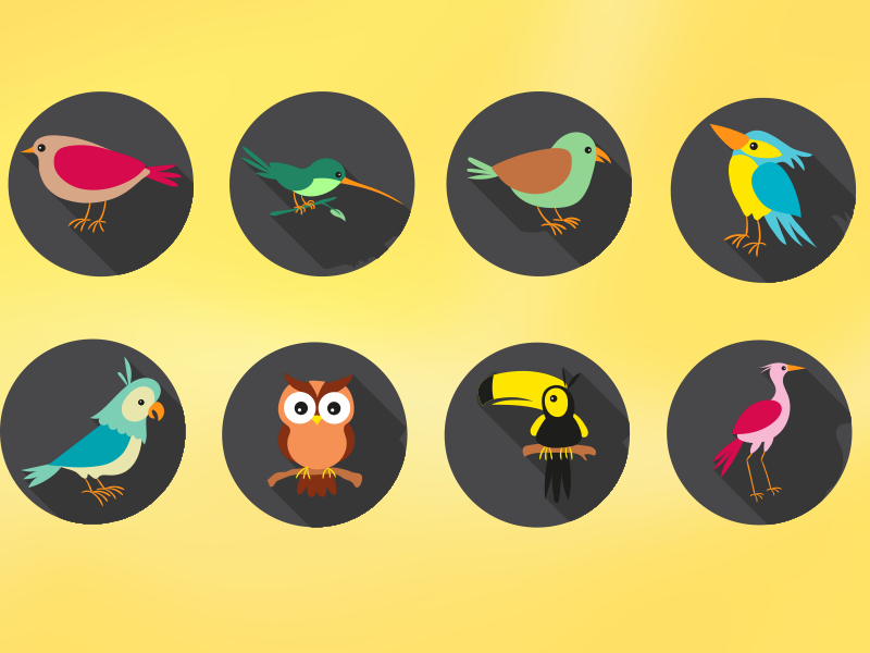 8 Flat Long Shadow Bird Icons Vector