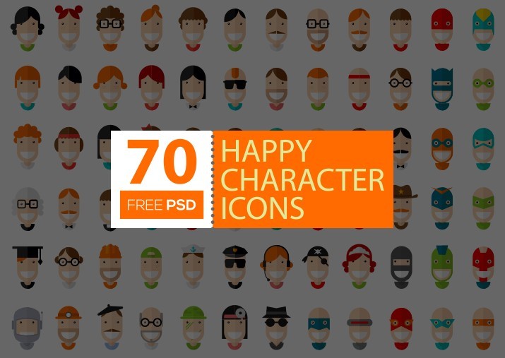 70 Flat Happy Character Icons Vector