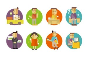 8 Flat Cartoon Business Man & Woman Icons Vector