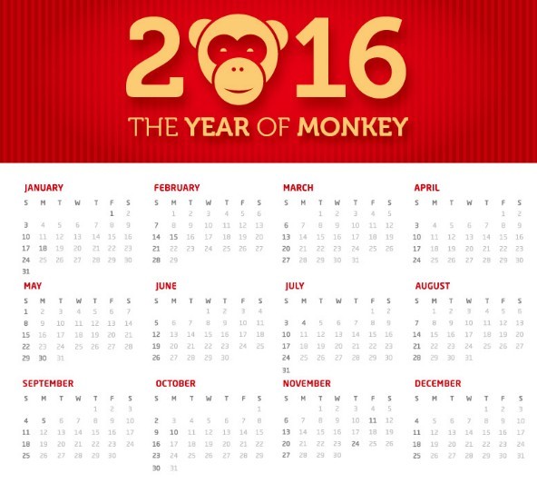 The Year Of Monkey 2016 Calendar Vector