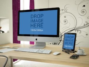 iMac and iPad Mockup On Deskp Mockup PSD