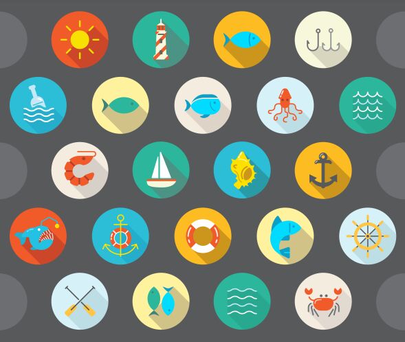 12 Flat Circular Sea Icons Vector