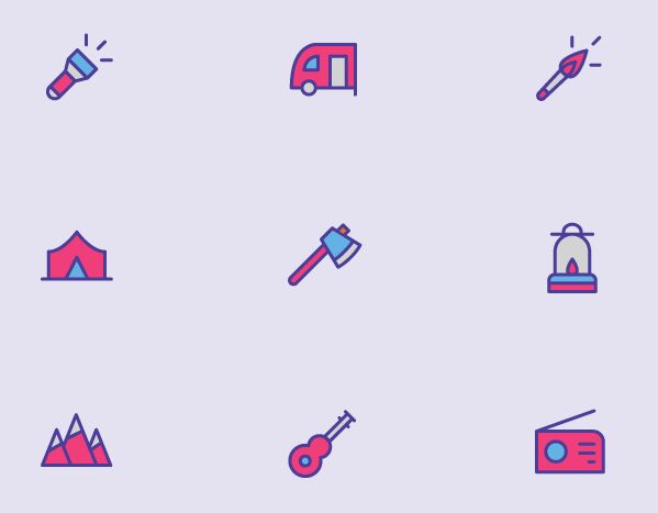 9 Colored Camping Icons Vector