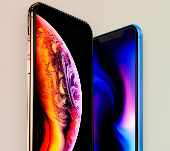 Standing iPhone XS & XR PSD Mockup-min