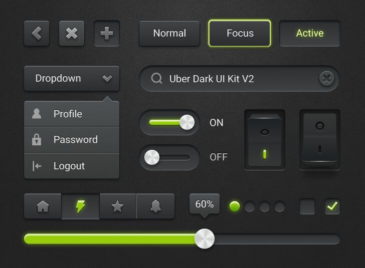Skeumorphism Style Uber Dark UI Kit