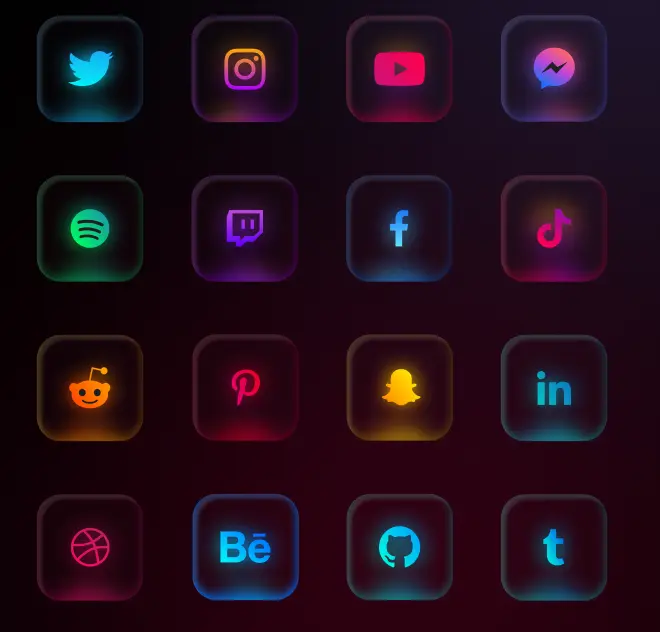 16 Glassmorphism Neon Social Icons