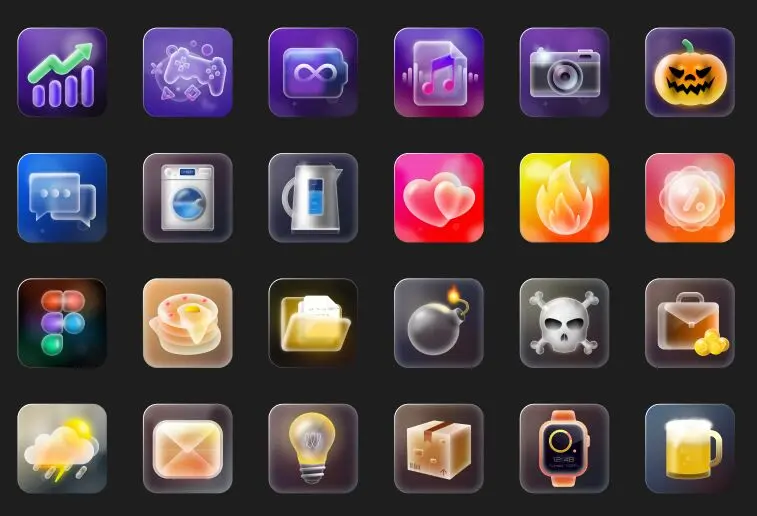 40 Glassmorphism Icons Figma