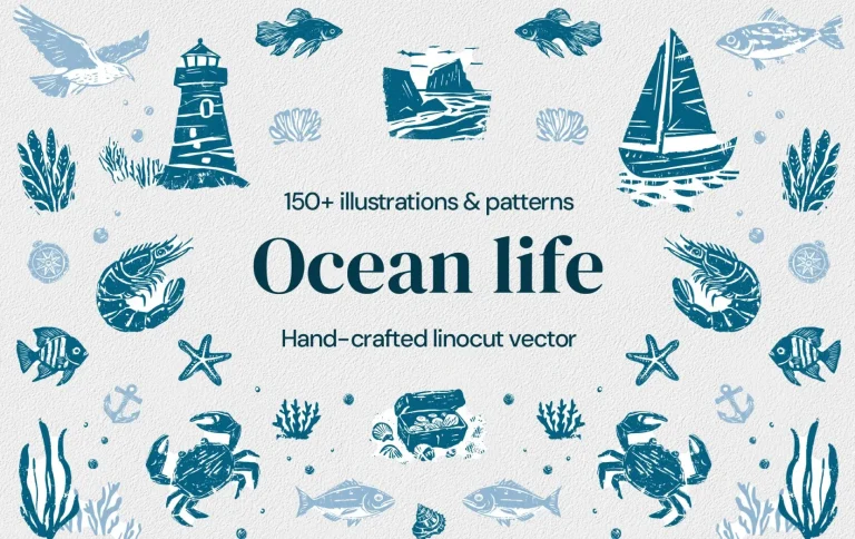 150+ Free Linocut Sea Illustrations + Patterns