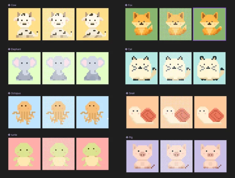24 Free Cute Pixel Animal Illustrations for Figma